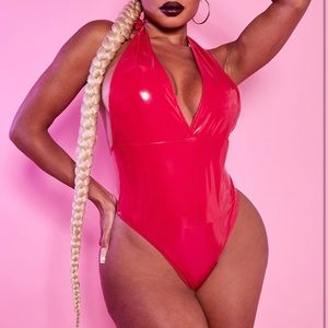 🦋2/$22 NWT PLT red vinyl halter-neck plunge bodysuit